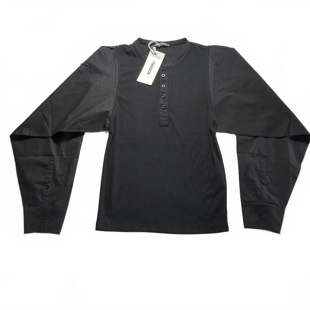 Thakoon Mixed Media Balloon Sleeve Henley Shirt Black Small NWT - Picture 3 of 5